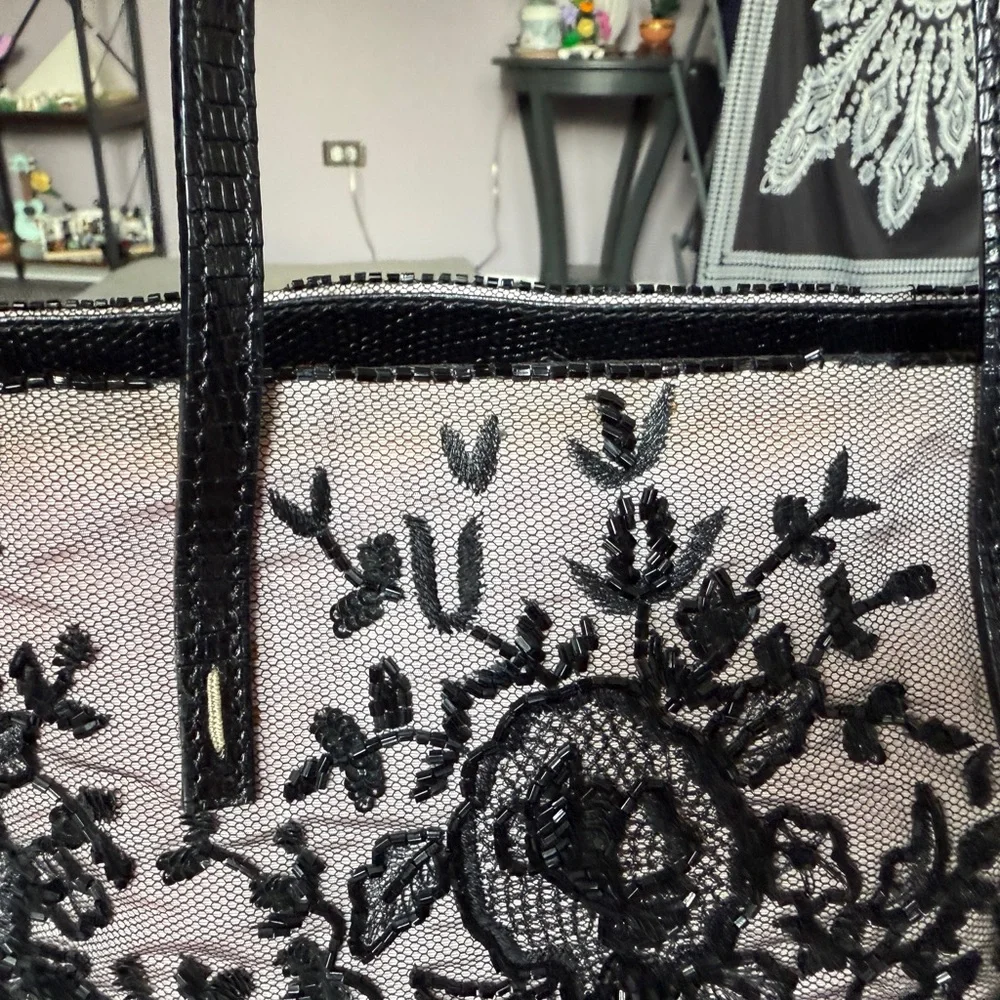 Authentic vintage Valentino Garavani Beaded Black Lace Overlay Tote - Picture 9 of 13
